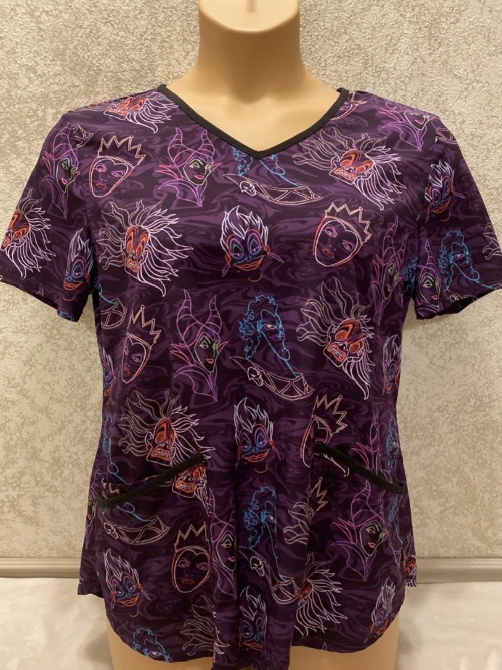 Disney Purple V-Neck Scrub Top with Colorful Villain Faces